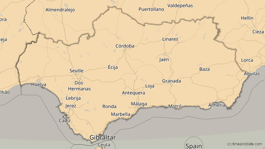 A map of Andalusien, Spanien, showing the path of the 14. Nov 2050 Partielle Sonnenfinsternis