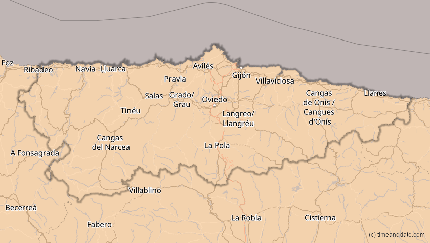 A map of Asturien, Spanien, showing the path of the 14. Nov 2050 Partielle Sonnenfinsternis