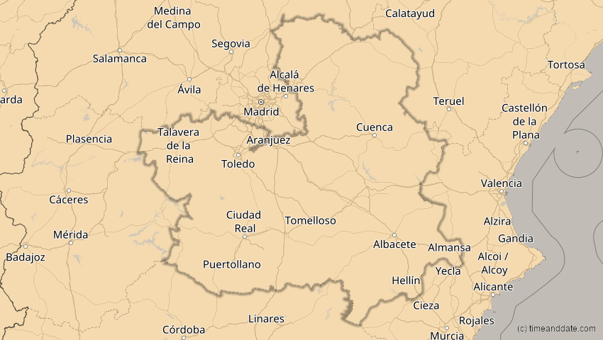 A map of Kastilien-La Mancha, Spanien, showing the path of the 14. Nov 2050 Partielle Sonnenfinsternis