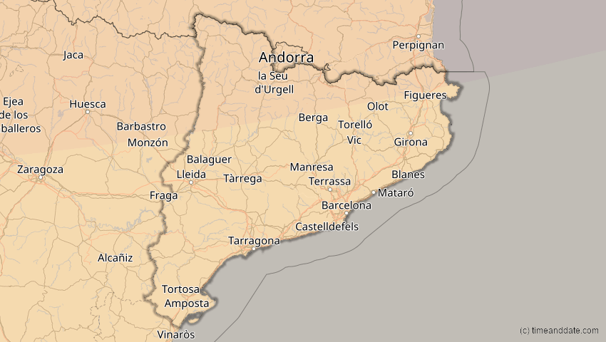 A map of Katalonien, Spanien, showing the path of the 14. Nov 2050 Partielle Sonnenfinsternis