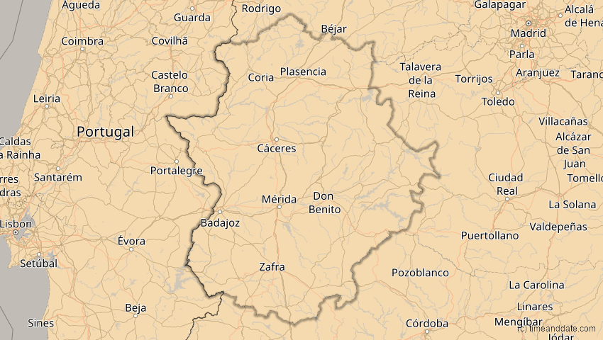 A map of Extremadura, Spanien, showing the path of the 14. Nov 2050 Partielle Sonnenfinsternis