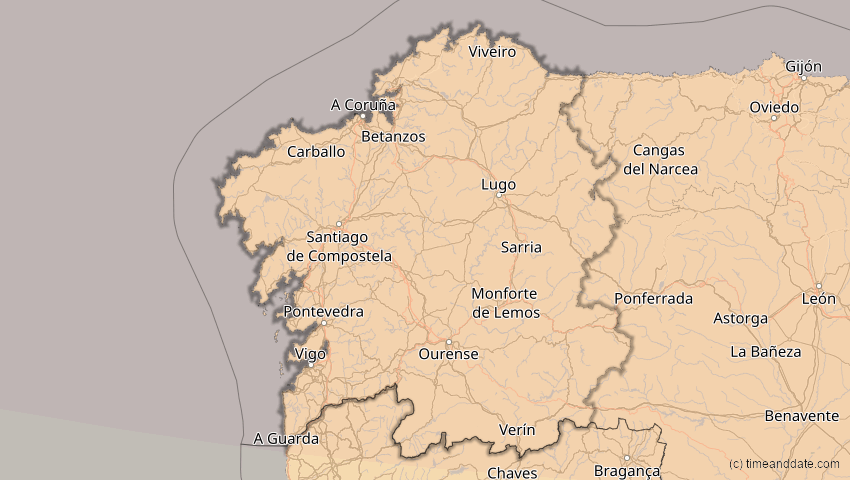 A map of Galicien, Spanien, showing the path of the 14. Nov 2050 Partielle Sonnenfinsternis