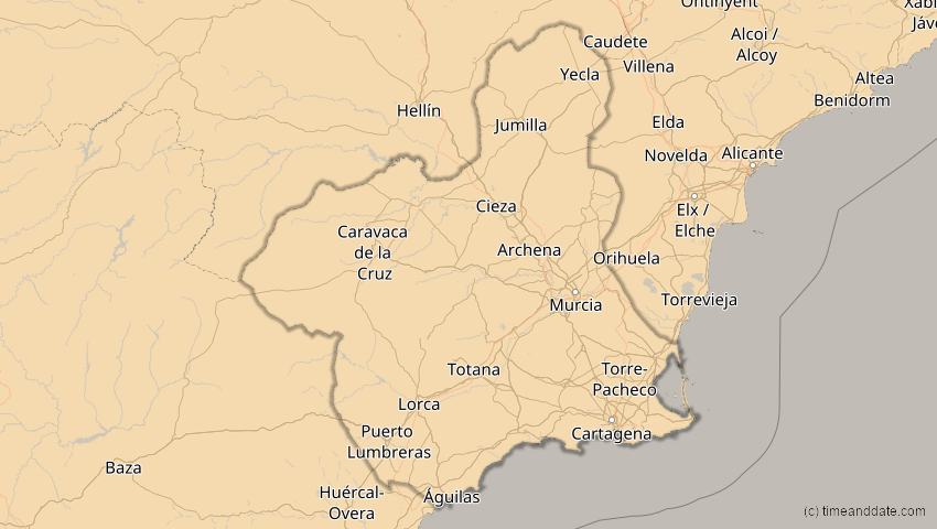 A map of Murcia, Spanien, showing the path of the 14. Nov 2050 Partielle Sonnenfinsternis