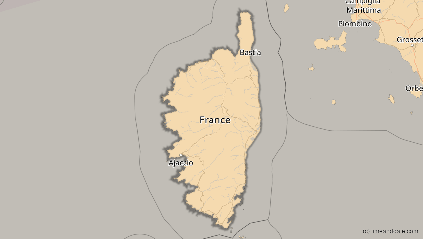 A map of Korsika, Frankreich, showing the path of the 14. Nov 2050 Partielle Sonnenfinsternis