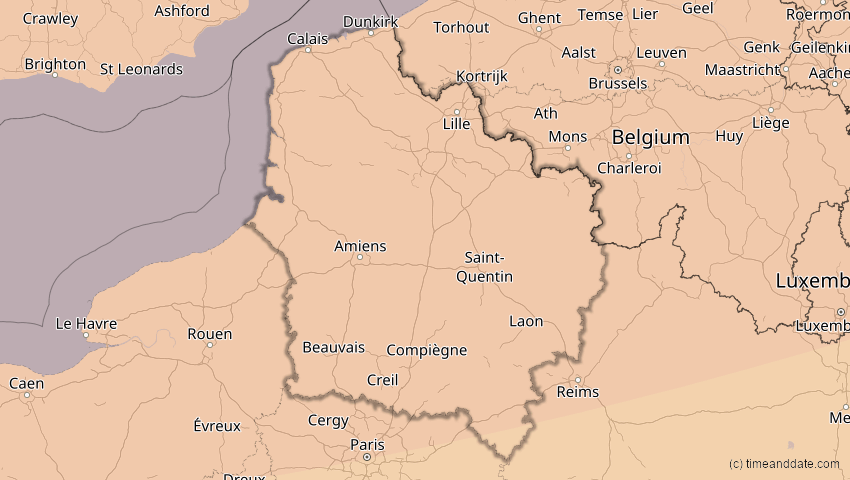 A map of Hauts-de-France, Frankreich, showing the path of the 14. Nov 2050 Partielle Sonnenfinsternis