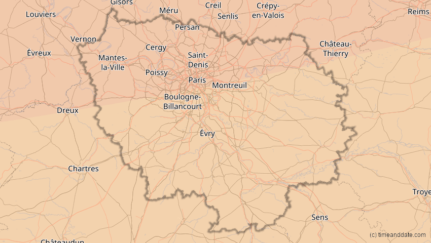A map of Île-de-France, Frankreich, showing the path of the 14. Nov 2050 Partielle Sonnenfinsternis
