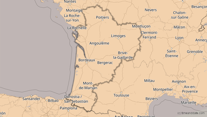 A map of Nouvelle-Aquitaine, Frankreich, showing the path of the 14. Nov 2050 Partielle Sonnenfinsternis