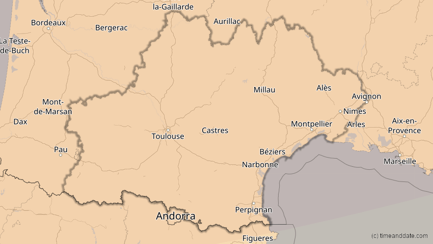 A map of Okzitanien, Frankreich, showing the path of the 14. Nov 2050 Partielle Sonnenfinsternis