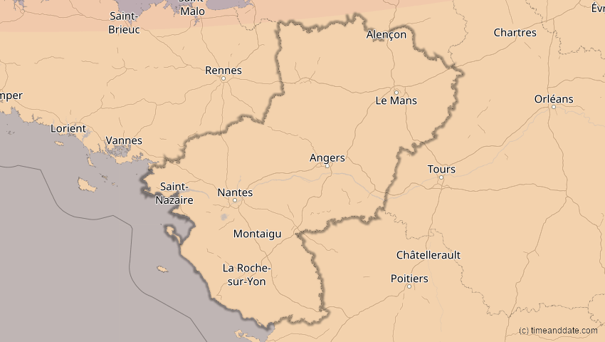 A map of Pays de la Loire, Frankreich, showing the path of the 14. Nov 2050 Partielle Sonnenfinsternis