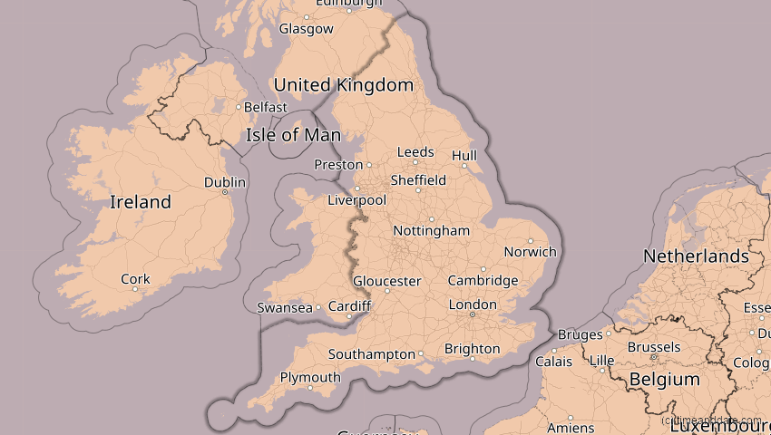 A map of England, Großbritannien, showing the path of the 14. Nov 2050 Partielle Sonnenfinsternis