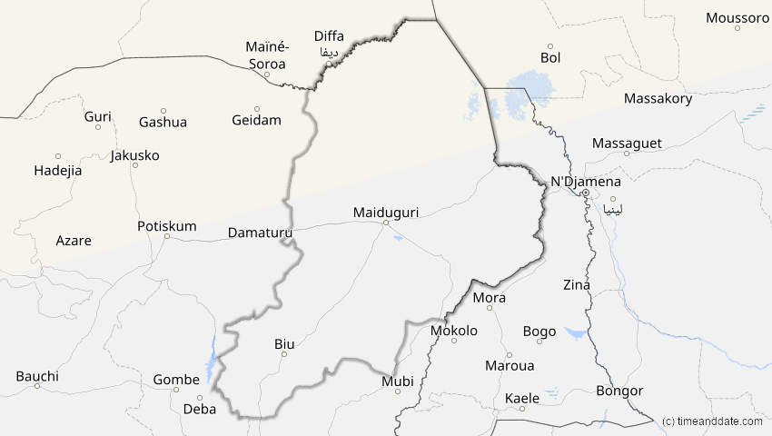 A map of Borno, Nigeria, showing the path of the 14. Nov 2050 Partielle Sonnenfinsternis