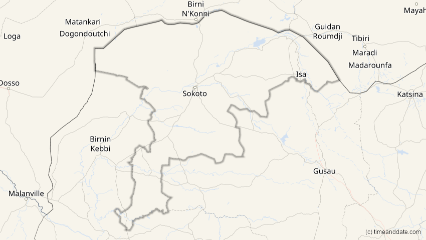 A map of Sokoto, Nigeria, showing the path of the 14. Nov 2050 Partielle Sonnenfinsternis