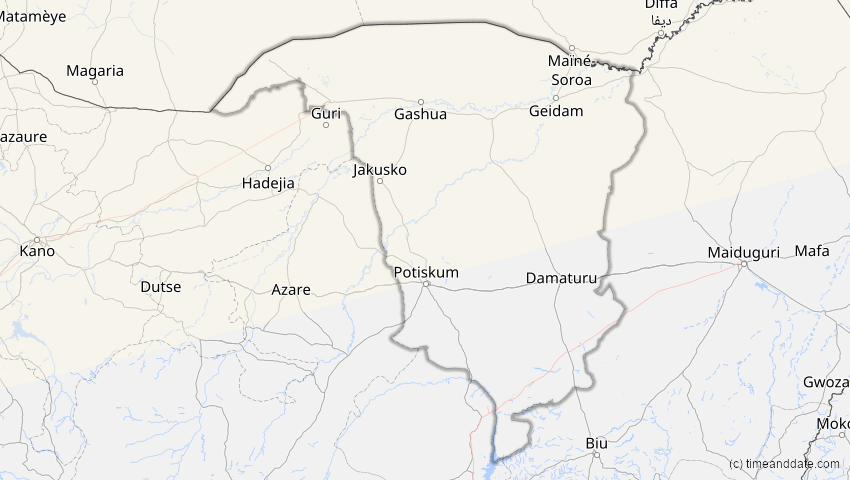 A map of Yobe, Nigeria, showing the path of the 14. Nov 2050 Partielle Sonnenfinsternis