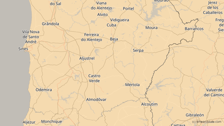A map of Beja, Portugal, showing the path of the 14. Nov 2050 Partielle Sonnenfinsternis