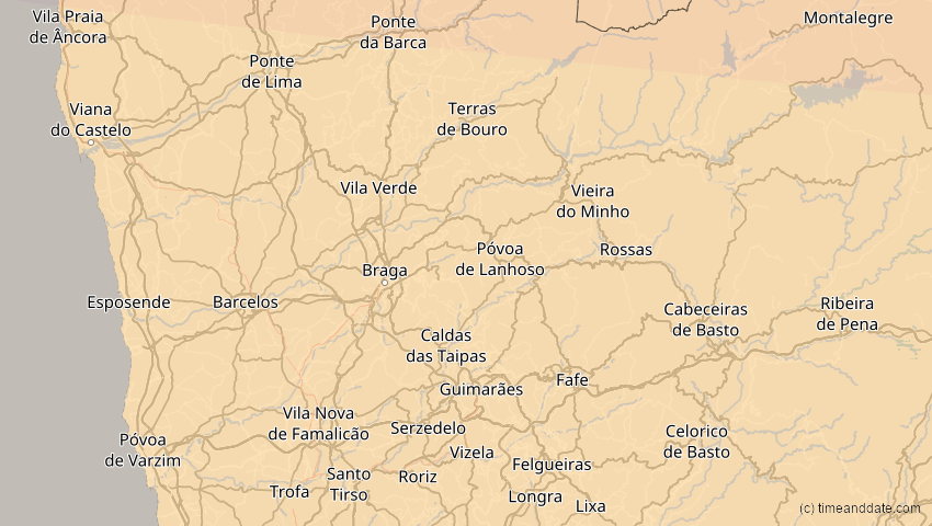 A map of Braga, Portugal, showing the path of the 14. Nov 2050 Partielle Sonnenfinsternis