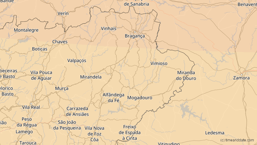 A map of Bragança, Portugal, showing the path of the 14. Nov 2050 Partielle Sonnenfinsternis