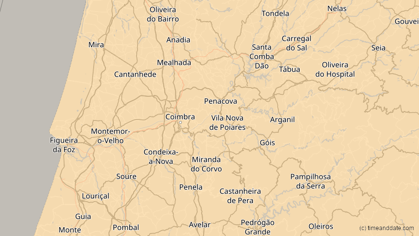 A map of Coimbra, Portugal, showing the path of the 14. Nov 2050 Partielle Sonnenfinsternis