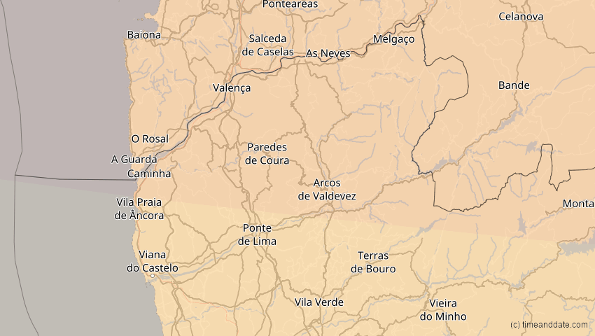 A map of Viana do Castelo, Portugal, showing the path of the 14. Nov 2050 Partielle Sonnenfinsternis