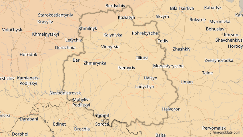 A map of Winnyzja, Ukraine, showing the path of the 14. Nov 2050 Partielle Sonnenfinsternis
