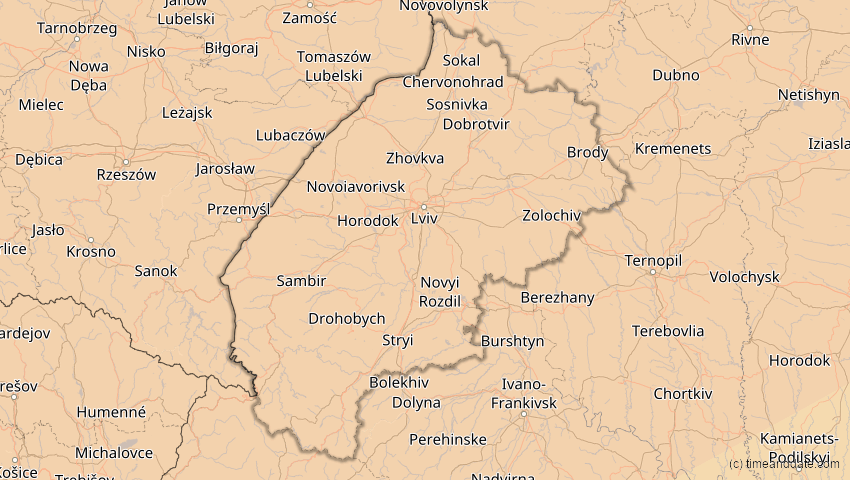 A map of Lwiw, Ukraine, showing the path of the 14. Nov 2050 Partielle Sonnenfinsternis