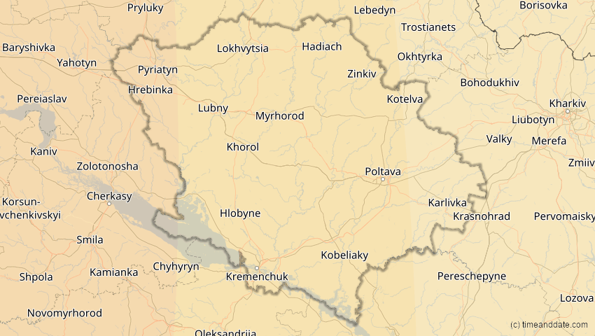 A map of Poltawa, Ukraine, showing the path of the 14. Nov 2050 Partielle Sonnenfinsternis