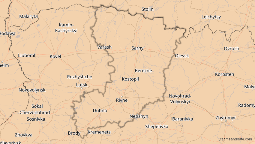 A map of Riwne, Ukraine, showing the path of the 14. Nov 2050 Partielle Sonnenfinsternis