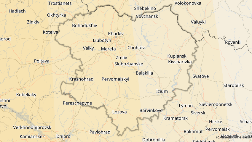 A map of Charkiw, Ukraine, showing the path of the 14. Nov 2050 Partielle Sonnenfinsternis