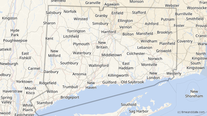 A map of Connecticut, USA, showing the path of the 14. Nov 2050 Partielle Sonnenfinsternis