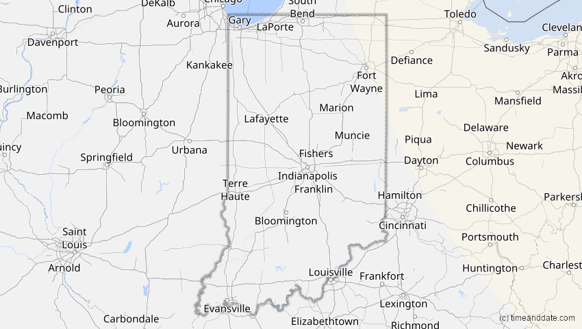 A map of Indiana, USA, showing the path of the 14. Nov 2050 Partielle Sonnenfinsternis