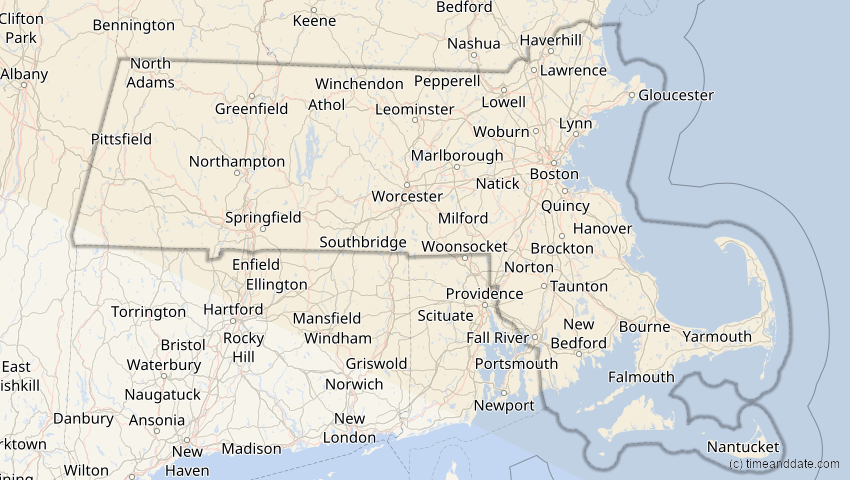 A map of Massachusetts, USA, showing the path of the 14. Nov 2050 Partielle Sonnenfinsternis