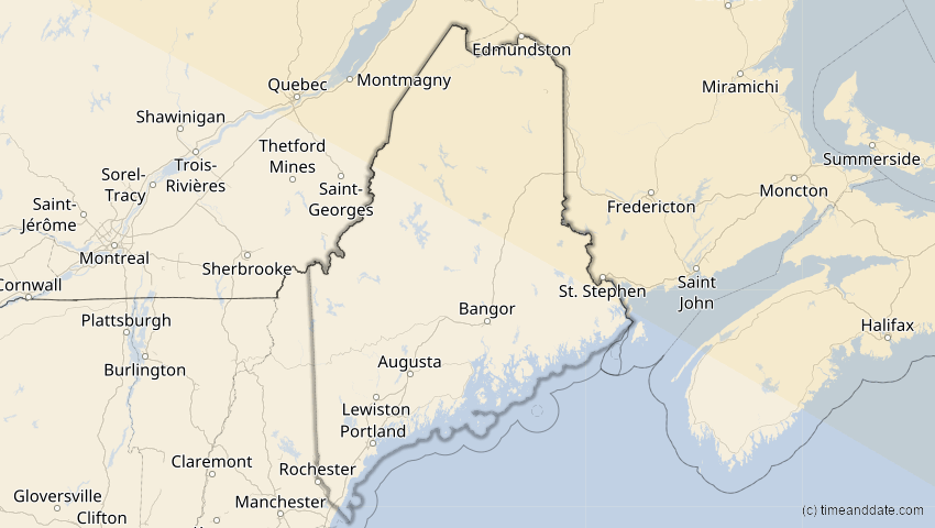 A map of Maine, USA, showing the path of the 14. Nov 2050 Partielle Sonnenfinsternis