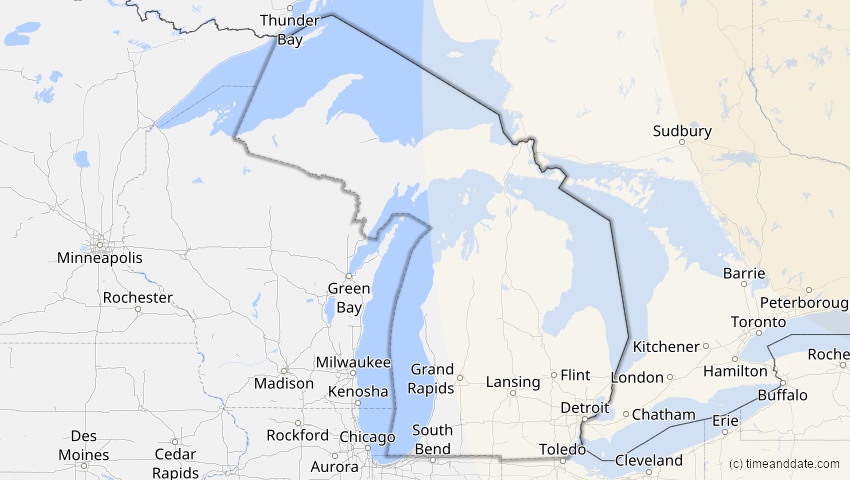 A map of Michigan, USA, showing the path of the 14. Nov 2050 Partielle Sonnenfinsternis