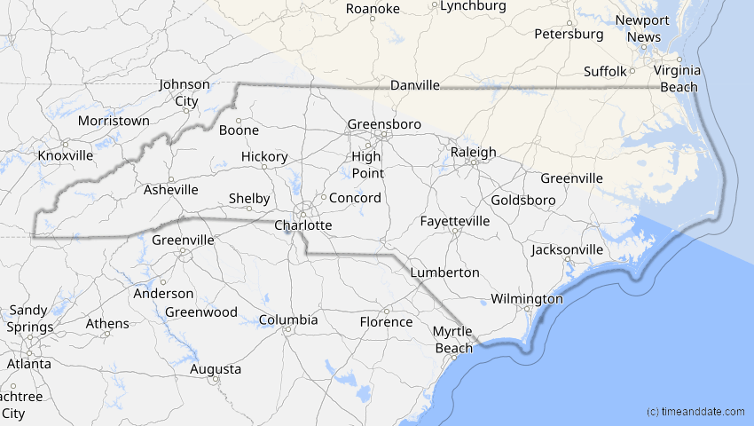 A map of North Carolina, USA, showing the path of the 14. Nov 2050 Partielle Sonnenfinsternis