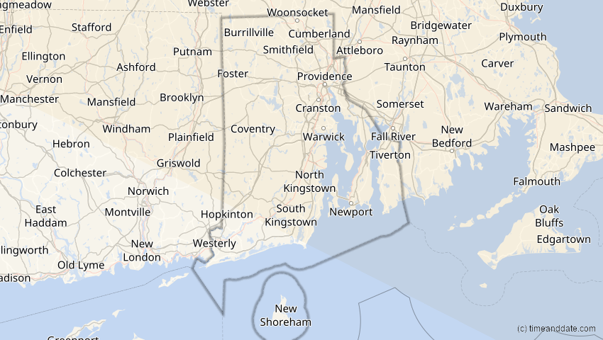 A map of Rhode Island, USA, showing the path of the 14. Nov 2050 Partielle Sonnenfinsternis