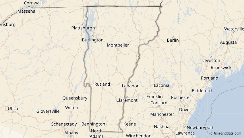 A map of Vermont, USA, showing the path of the 14. Nov 2050 Partielle Sonnenfinsternis