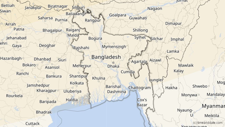 A map of Bangladesch, showing the path of the 11. Apr 2051 Partielle Sonnenfinsternis