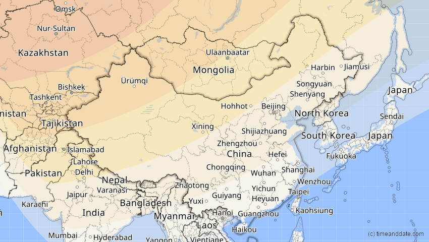 A map of China, showing the path of the 11. Apr 2051 Partielle Sonnenfinsternis