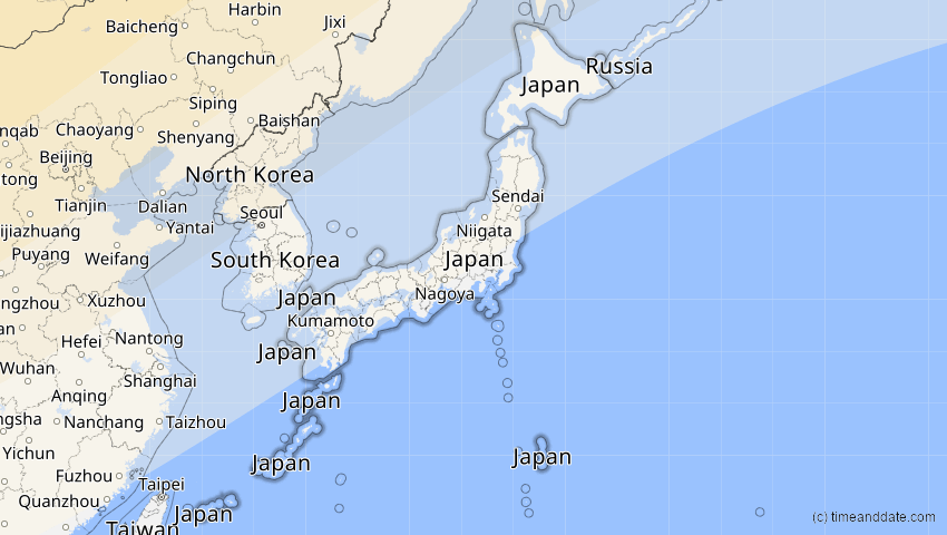 A map of Japan, showing the path of the 11. Apr 2051 Partielle Sonnenfinsternis