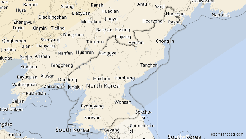 A map of Nordkorea, showing the path of the 11. Apr 2051 Partielle Sonnenfinsternis