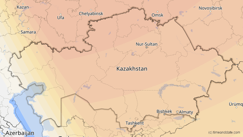 A map of Kasachstan, showing the path of the 11. Apr 2051 Partielle Sonnenfinsternis