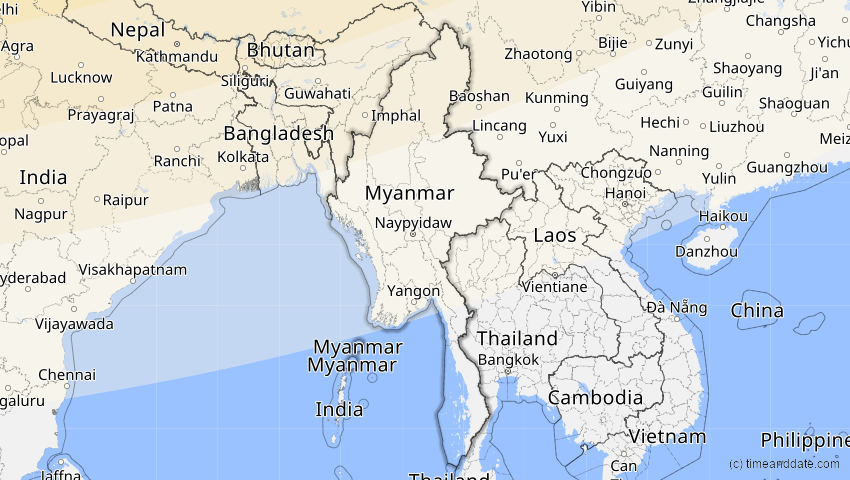 A map of Myanmar, showing the path of the 11. Apr 2051 Partielle Sonnenfinsternis