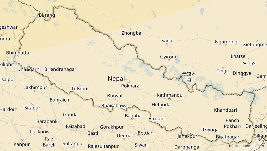 A map of Nepal, showing the path of the 11. Apr 2051 Partielle Sonnenfinsternis