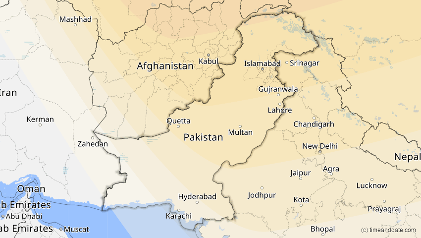A map of Pakistan, showing the path of the 11. Apr 2051 Partielle Sonnenfinsternis