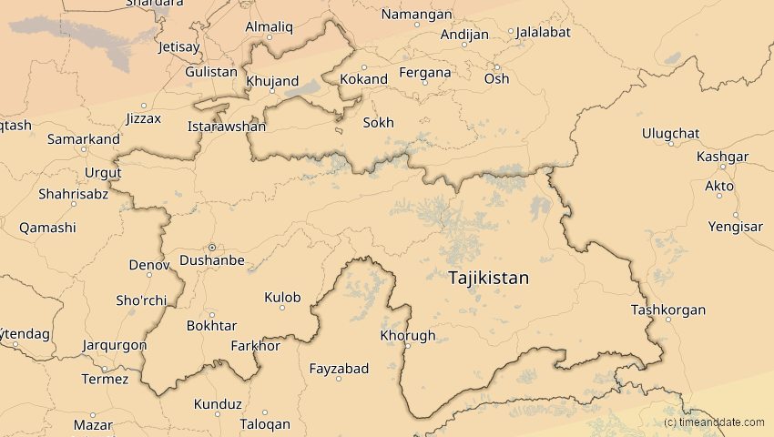 A map of Tadschikistan, showing the path of the 11. Apr 2051 Partielle Sonnenfinsternis