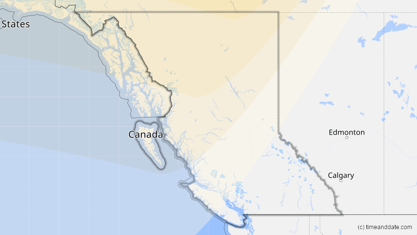 A map of British Columbia, Kanada, showing the path of the 10. Apr 2051 Partielle Sonnenfinsternis