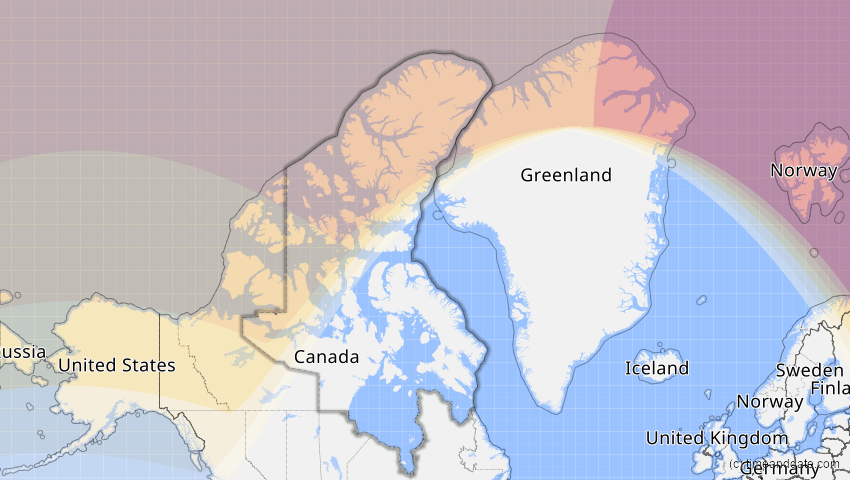 A map of Nunavut, Kanada, showing the path of the 10–11. Apr 2051 Partielle Sonnenfinsternis