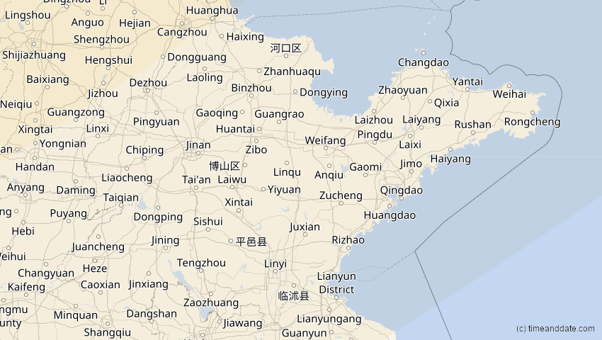 A map of Shandong, China, showing the path of the 11. Apr 2051 Partielle Sonnenfinsternis