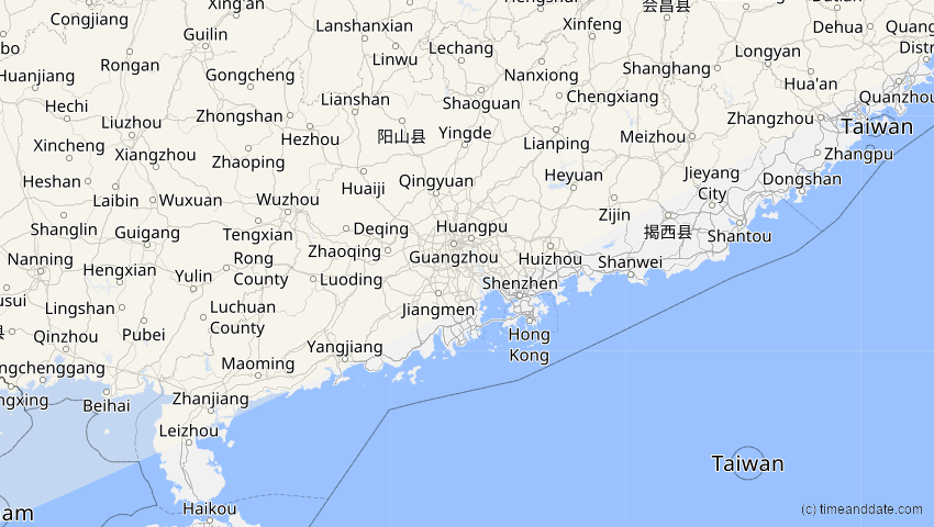 A map of Guangdong, China, showing the path of the 11. Apr 2051 Partielle Sonnenfinsternis