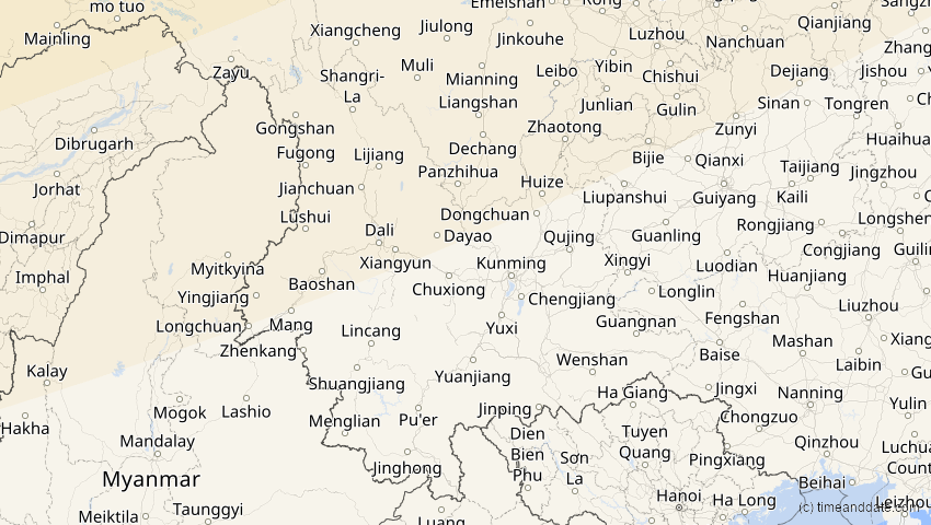 A map of Yunnan, China, showing the path of the 11. Apr 2051 Partielle Sonnenfinsternis