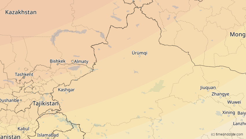 A map of Xinjiang, China, showing the path of the 11. Apr 2051 Partielle Sonnenfinsternis